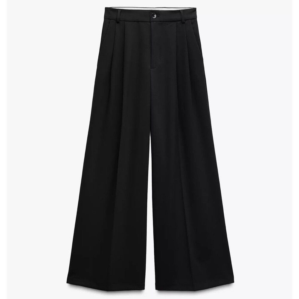 Zara Women’s Black High Waist-Belt Loops Double Pleat Pants Size US M NEW